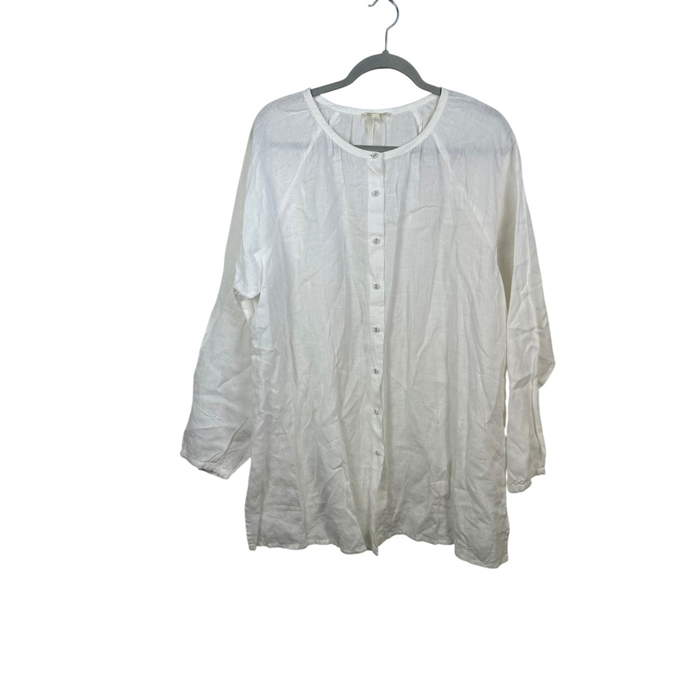 Eileen Fisher Tunic Women L White Excellent 100% Irish Linen Button Down Shirt